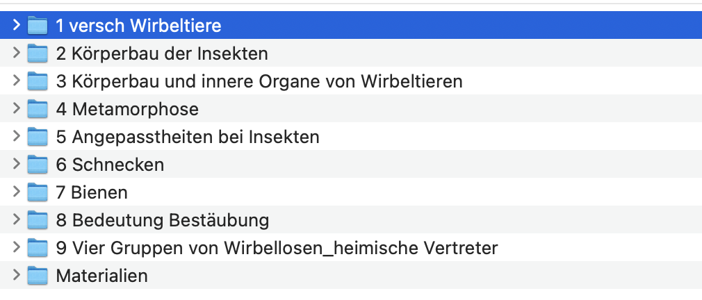 Die einzelnen Reihen sind in verschiedene Unterrichtsstunden unterteilt. Ein Ordner steht für eine Doppelstunde.